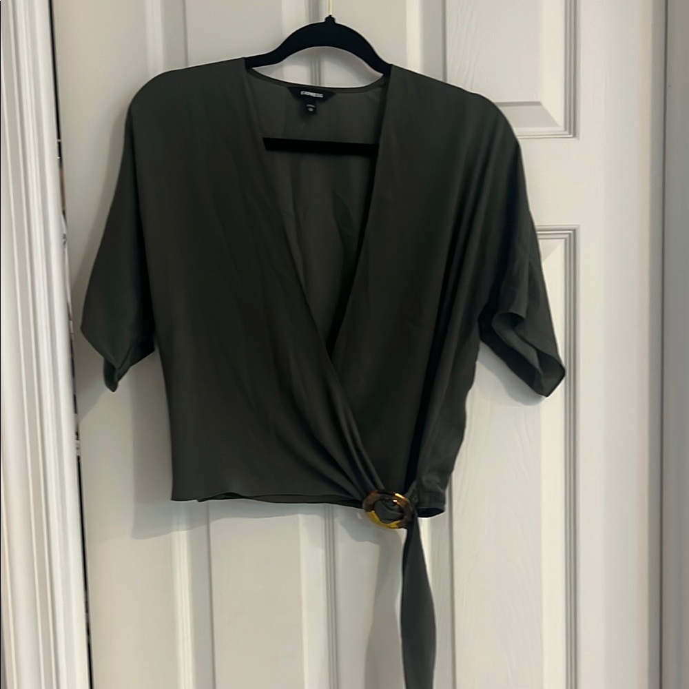 Express olive green 3/4 Sleeve Wrap Blouse